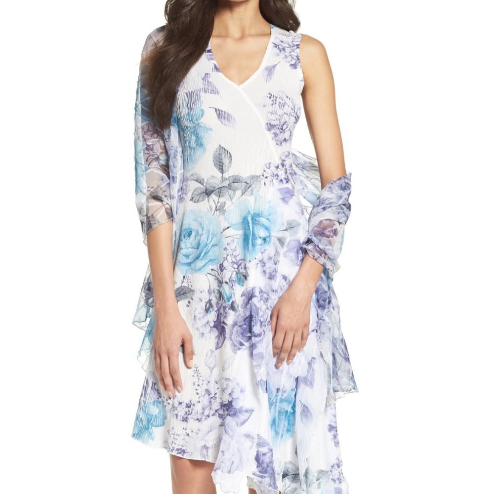 KOMAROV New Dress & Shawl SET Print Asymmetrical Hem Gown+Scarf Petite XL